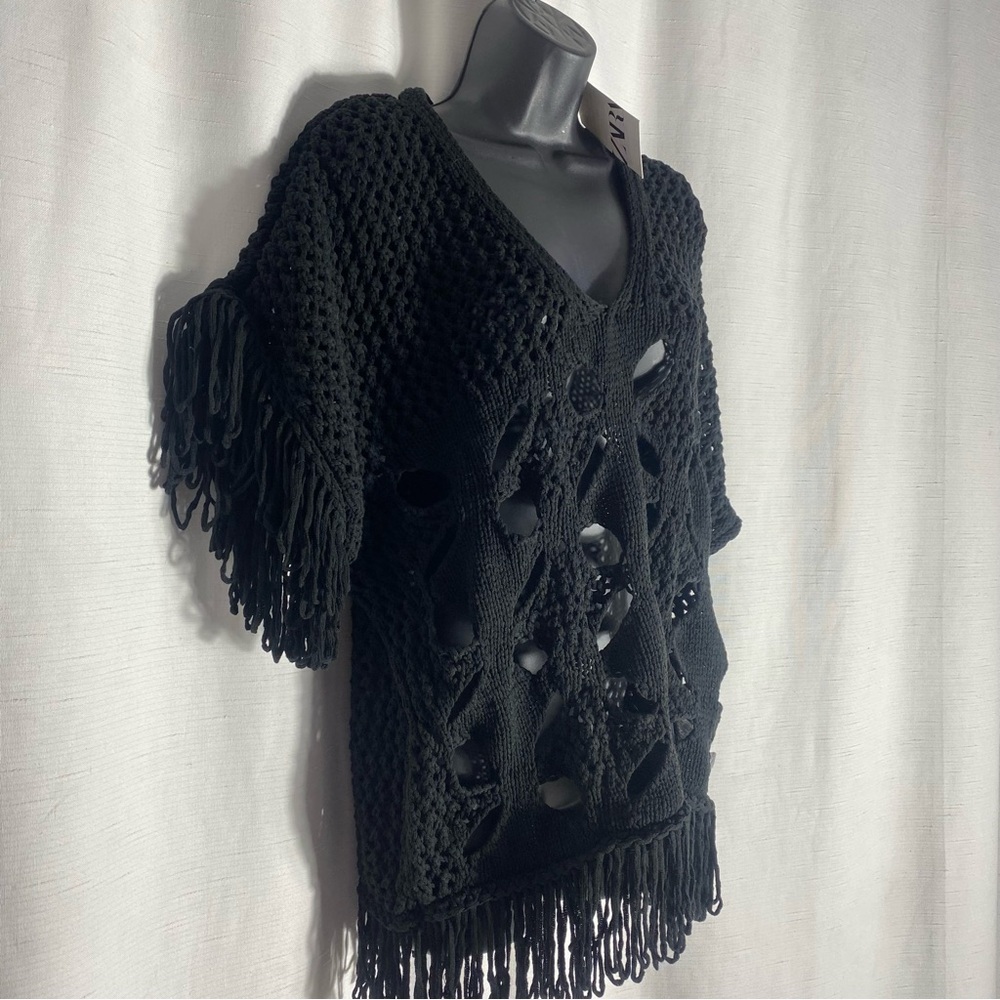 Zara Black Crochet Poncho Fringe Boho Cover Up Size S-M Knit Beach Top - Picture 3 of 8